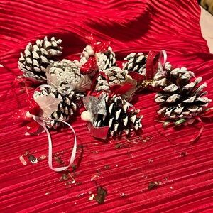 Festive Pinecones white tipped  with Red and White ribbons and bows - handmade